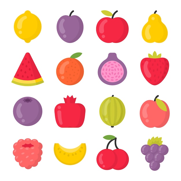 Conjunto de iconos de vector colorido aislado frutas dulces. colección de frutas brillantes