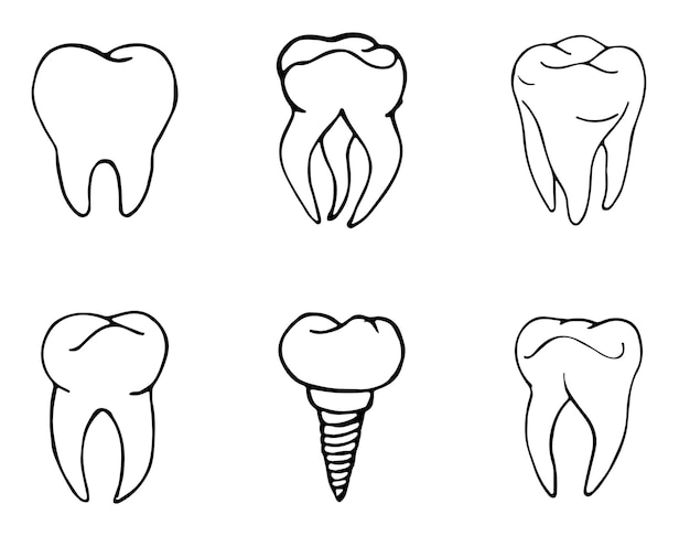 Conjunto con iconos de vector dental de coronas de dientes de garabato