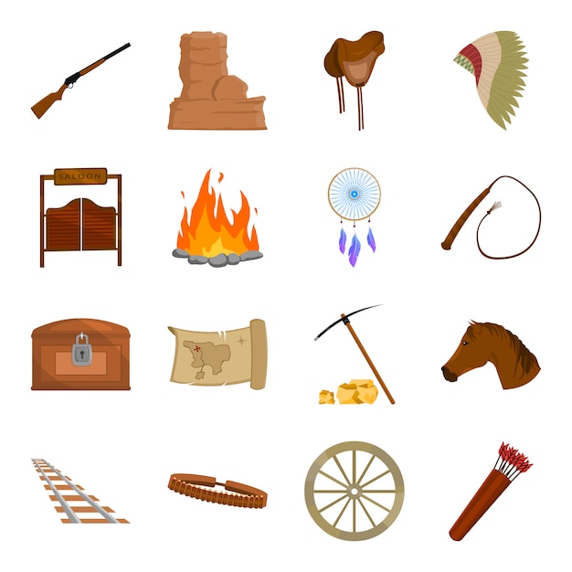 Conjunto de iconos de vector de dibujos animados de cara salvaje oeste. Ilustración vectorial del viejo oeste.