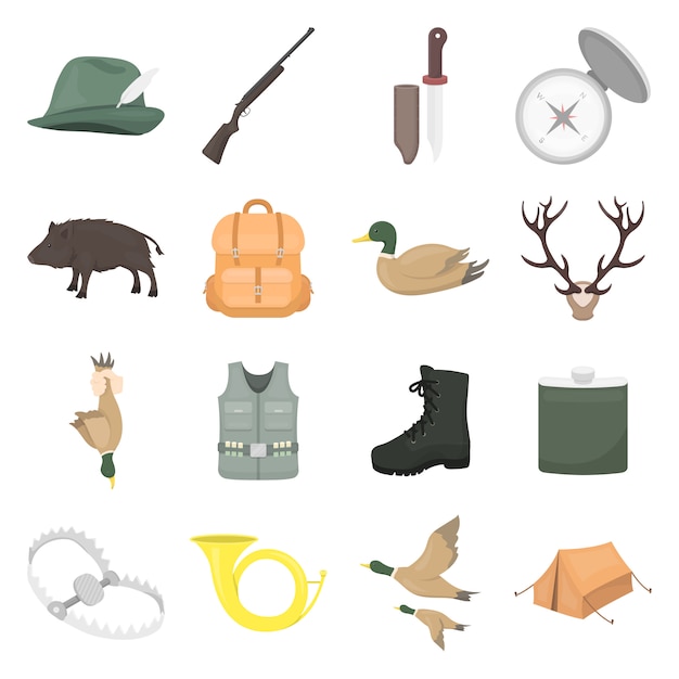 Conjunto de iconos de vector de dibujos animados de caza. Ilustración de vector de caza.