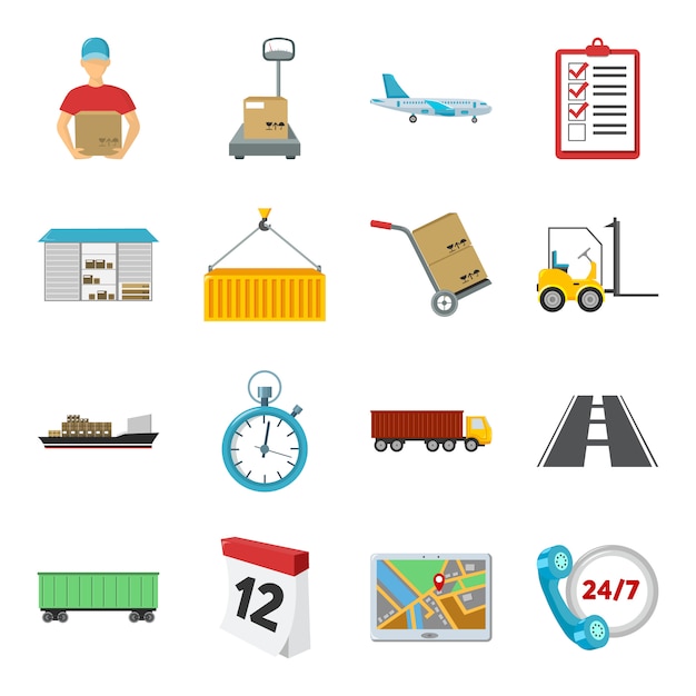 Vector conjunto de iconos de vector de dibujos animados logísticos. ilustración de vector de logística y entrega.
