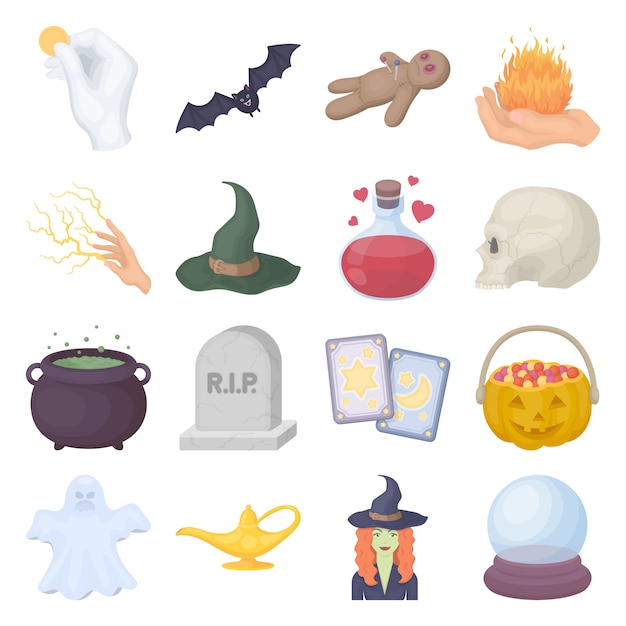Conjunto de iconos de vector de dibujos animados mágico blanco y negro. Vector ilustración magia blanco y negro.
