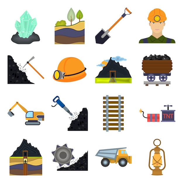 Conjunto de iconos de vector de dibujos animados de mina de carbón. Ilustración de vector de mina de carbón.