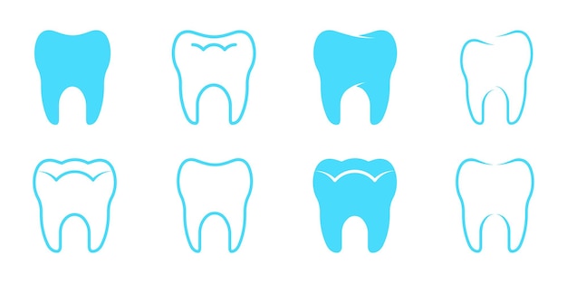 Conjunto de iconos de vector de dientes. Iconos de dientes azules. Símbolo de odontología. Diseño dental.