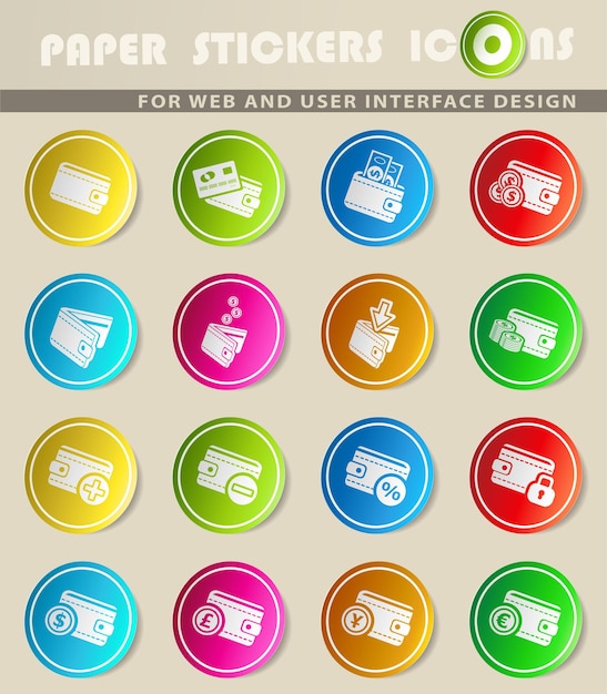 Conjunto de iconos de vector de dinero en pegatinas de papel de colores