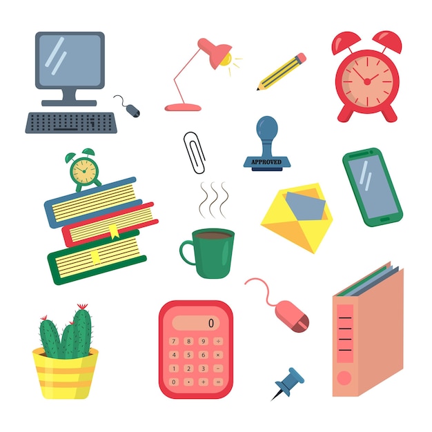 Conjunto de iconos de vector de doodle de color de oficina. Elementos vectoriales para sitios web de páginas de destino, banners, presentaciones, fondos, carteles, blogs y redes sociales.