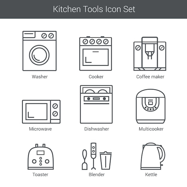 Conjunto de iconos de vector de electrodomésticos: cocina, lavadora, licuadora, tostadora, microondas, hervidor