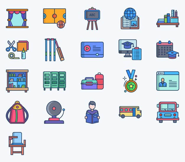 Conjunto de iconos de vector de escuela y educación