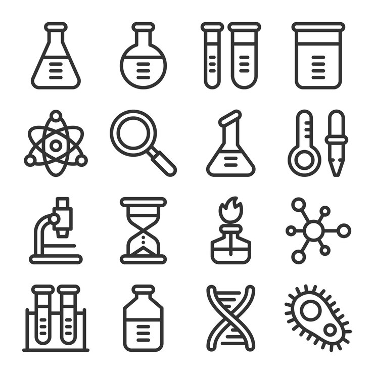 Conjunto de iconos de vector de esquema de laboratorio de ciencia química