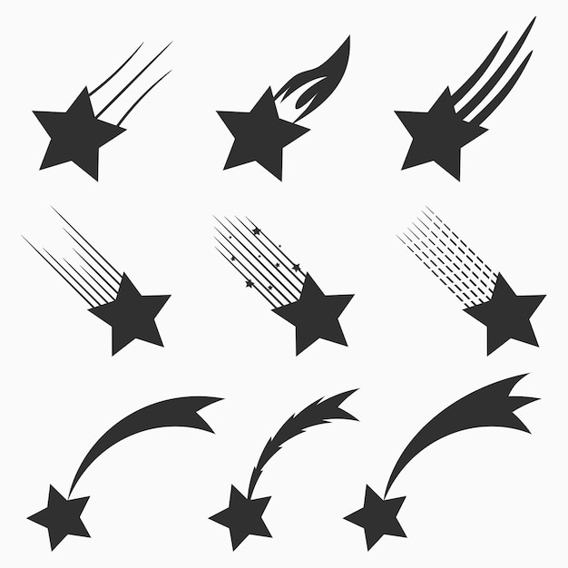 Conjunto de iconos de vector de estrellas fugaces. Disparando meteoritos y cometas con cola. Ilustración vectorial.