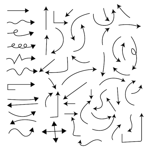 Conjunto de iconos de vector de flecha dibujada a mano. esbozar el diseño de flechas para el plan de negocios y la educación.