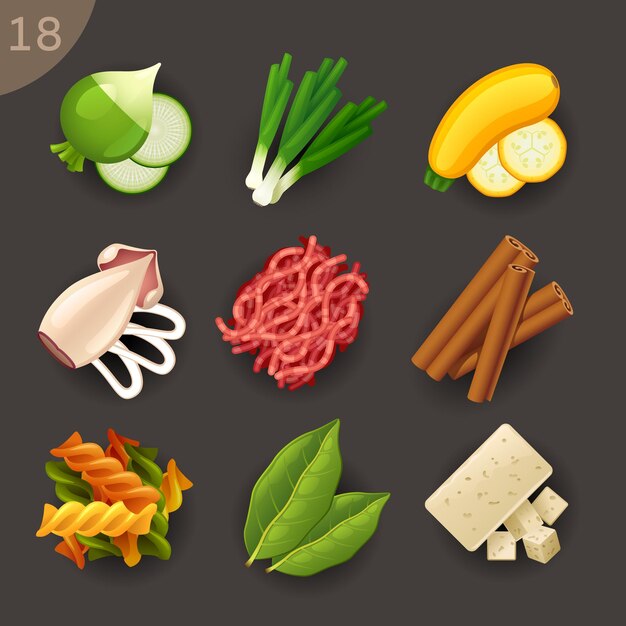 Conjunto de iconos de vector de ingredientes alimentarios 18