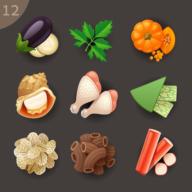 Conjunto de iconos de vector de ingredientes de alimentos 12