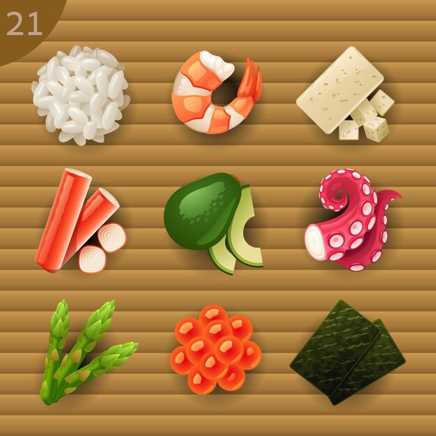 Conjunto de iconos de vector de ingredientes de alimentos 21 Sushi