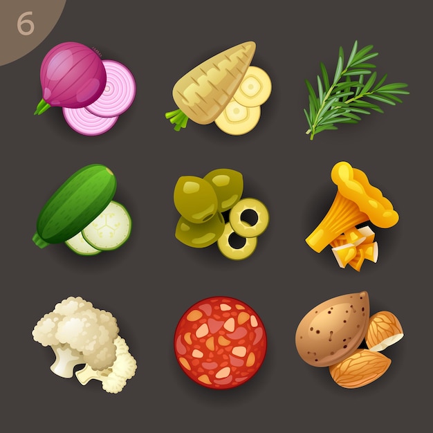 Conjunto de iconos de vector de ingredientes de alimentos 6