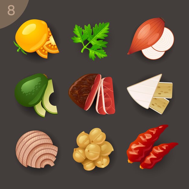 Conjunto de iconos de vector de ingredientes de alimentos 8