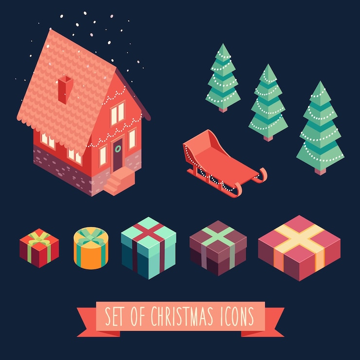 Vector conjunto de iconos de vector isométrica. feliz navidad y feliz año nuevo elementos de diseño de tarjetas de felicitación.