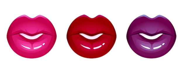 Conjunto de iconos de vector de labios realistas aislado en blanco. Mujeres boca 3d, lápiz labial rojo brillante brillante. Ilustración de glamour de moda.