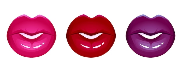 Vector conjunto de iconos de vector de labios realistas aislado en blanco. mujeres boca 3d, lápiz labial rojo brillante brillante. ilustración de glamour de moda.