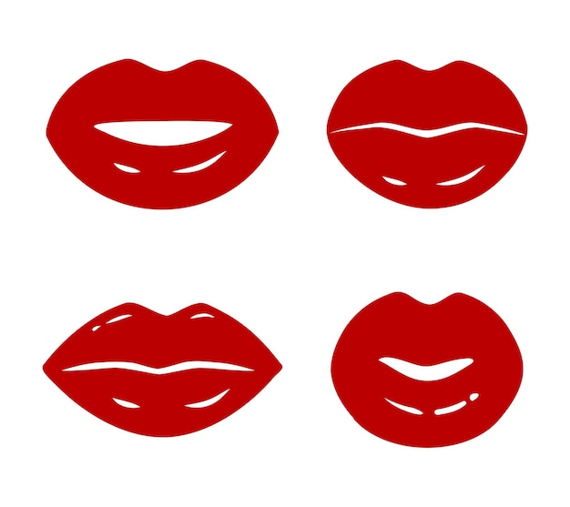 Conjunto de iconos de vector de labios rojos aislado sobre fondo blanco forma de silueta de beso rojo de boca de mujer ilustración de glamour de moda