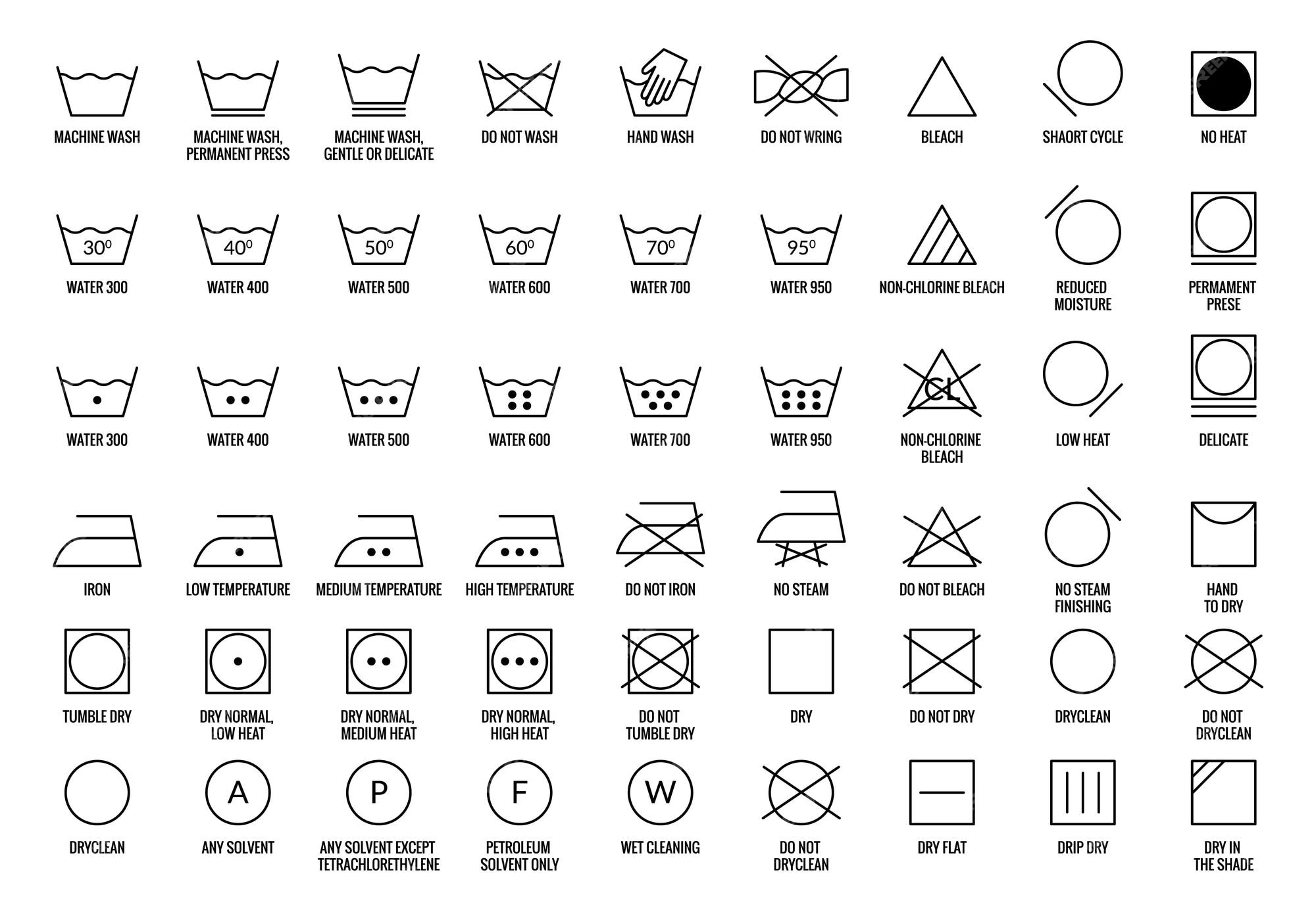 Conjunto de iconos de vector de lavandería instrucciones de cuidado de la ropa en la máquina de etiquetas o colección de signos de lavado manos planchado de agua y colección de