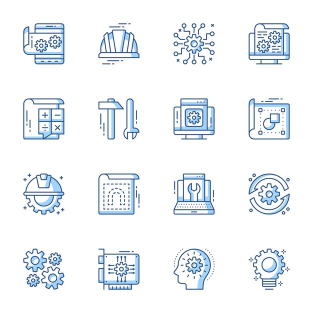 Conjunto de iconos de vector lineal de ingeniería y maquinaria.