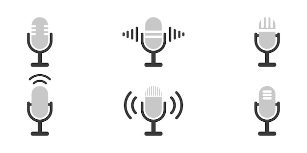 Conjunto de iconos de vector de micrófono. Grabación de voz en estudio. Iconos de karaoke o radio.