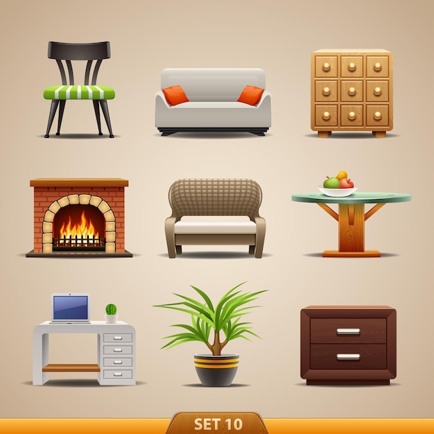 Vector conjunto de iconos de vector de muebles lindos 10