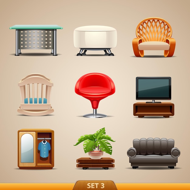 conjunto de iconos de vector de muebles lindos 3