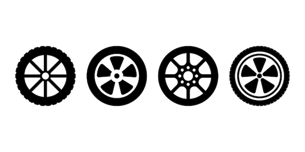 Conjunto de iconos de vector de neumático de coche sobre fondo blanco silueta negra con rueda de vehículo y protector