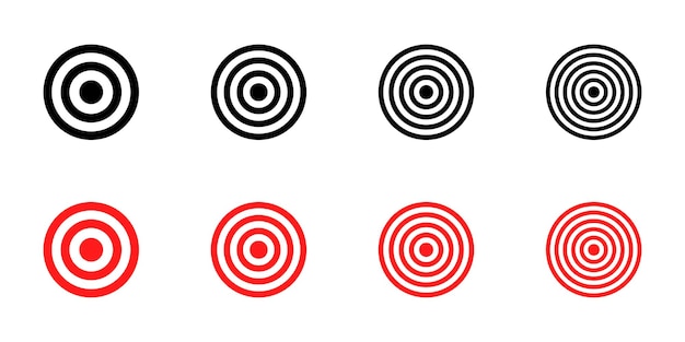 Conjunto de iconos de vector de objetivos Signo de objetivo rojo y negro Disparo en la diana Concepto de idea de negocio