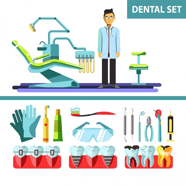 Vector conjunto de iconos de vector plano dental