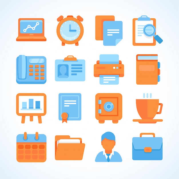 Conjunto de iconos de vector plano oficina y negocios símbolos