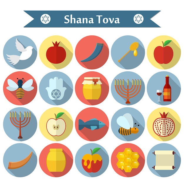 Conjunto de iconos de vector plano de Rosh Hashaná Shana Tova