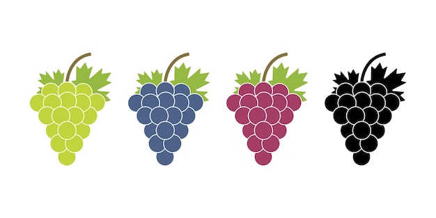 Conjunto de iconos de vector de racimos de uvas Uva dulce verde púrpura o roja con hoja Viñedo colgante