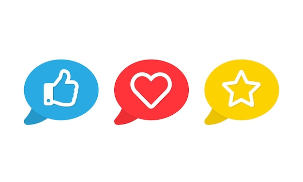 Conjunto de iconos de vector de redes sociales. Pulgares arriba como corazón y símbolos estrella favoritos aislados. Ilustración vectorial eps 10