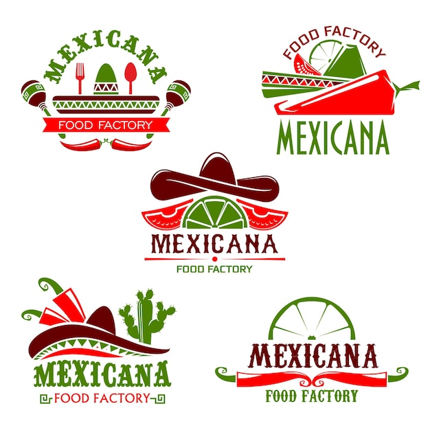 Conjunto de iconos de vector de restaurante de cocina de comida mexicana