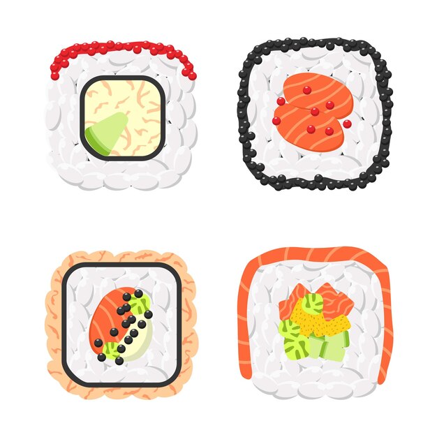 Conjunto de iconos de vector de rollos de sushi de color delicioso
