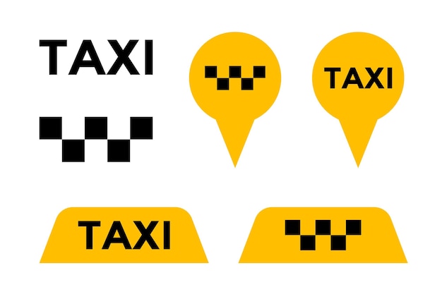 Conjunto de iconos de vector de servicio de taxi. Letrero amarillo y señales de pin de marcadores de transporte de la ciudad de pasajeros. Ilustración de elemento de vector