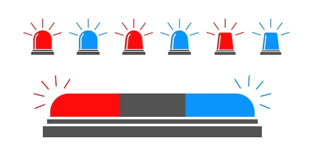 Conjunto de iconos de vector de sirena intermitente rojo y azul. Intermitente de policía o ambulancia.