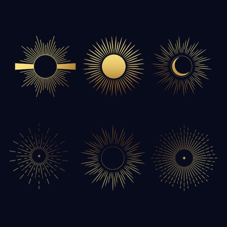 Vector conjunto de iconos de vector de sol bohemio conjunto vectorial de iconos y símbolos boho lineales diseños de logotipo de sol