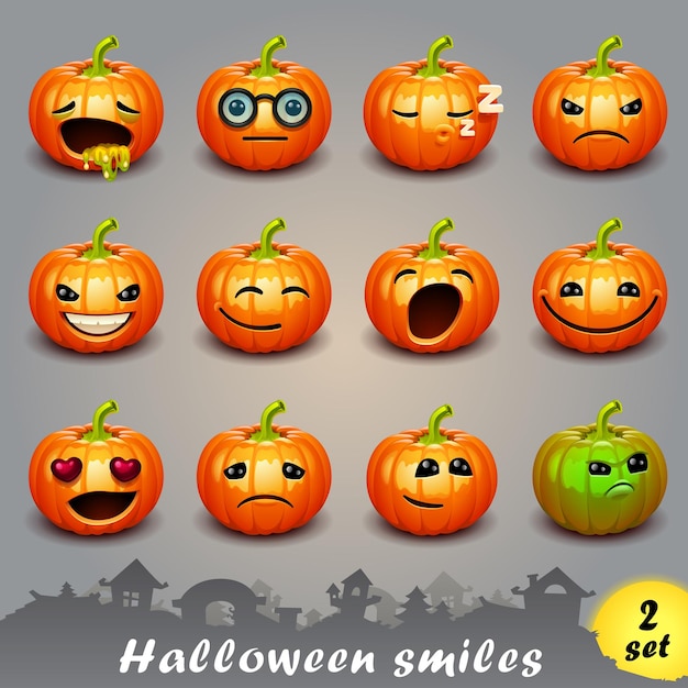 Conjunto de iconos de vector de sonrisas de halloween 2