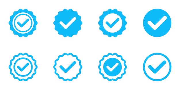 Vector conjunto de iconos de vector de verificación de perfil. etiqueta o placa de cuenta de verificación azul.
