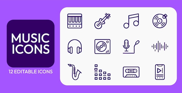 Conjunto de íconos de vectores musicales mínimos para el Día Mundial de la Música y proyectos de audio