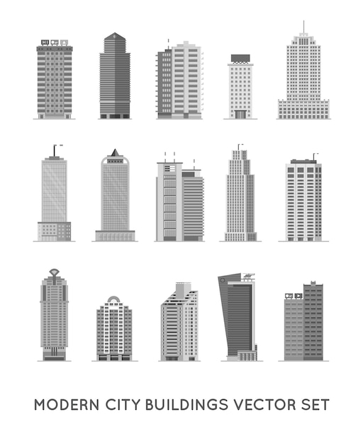 Conjunto de iconos de vectores planos de edificios y casas de ciudades modernas