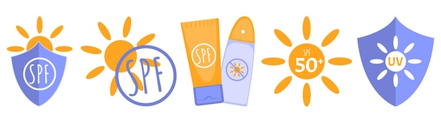 Vector conjunto de iconos de vectores de protección solar escudo que protege contra la radiación uv spf 50 loción de protección solar