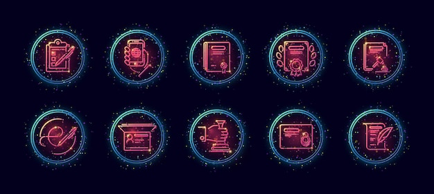 Conjunto de iconos vectoriales de 10 en 1 lineart relacionados con el tema del documento oficial en estilo de brillo de neón con partículas