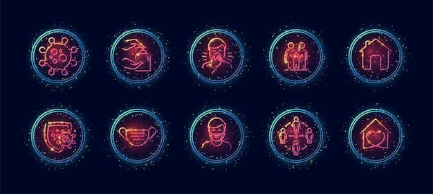 Conjunto de iconos vectoriales de 10 en 1 lineart relacionados con el tema médico del virus corona en estilo de brillo de neón