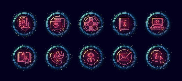 Conjunto de iconos vectoriales de 10 en 1 lineart relacionados con el tema de soporte al cliente en estilo de brillo de neón con partículas
