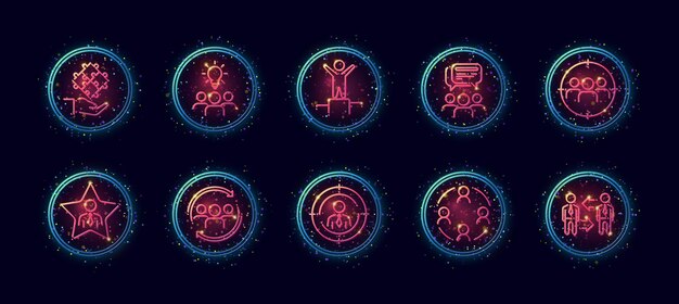 Conjunto de iconos vectoriales de 10 en 1 lineart relacionados con el tema del trabajo en equipo en estilo de brillo de neón con partículas